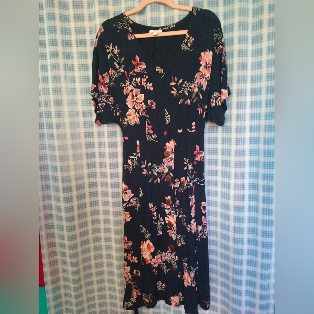 J. Jill Navy Blue Botanical V Neck dress size s